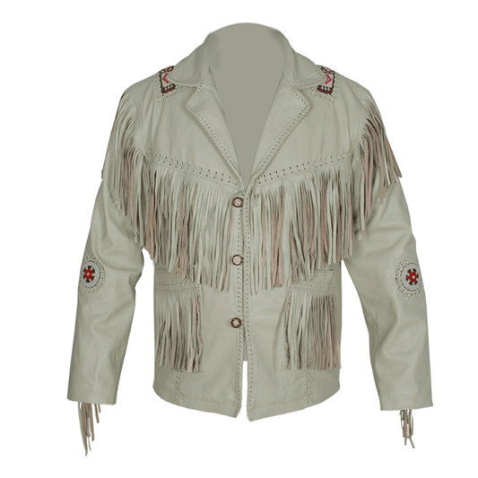 Western Beige Leather Fringe Beaded Jacket Cowboy Jacket LWJ506