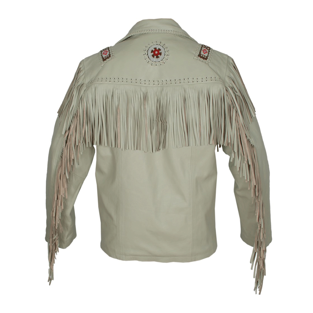 Western Beige Leather Fringe Beaded Jacket Cowboy Jacket LWJ506