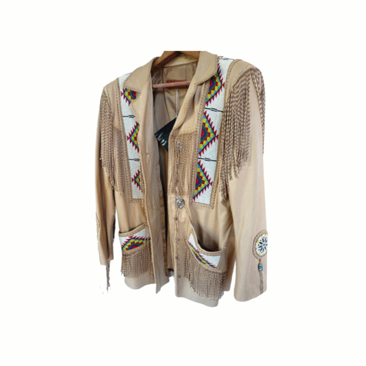 Western Fringe Beaded Beige Leather Jacket Cowboy Jacket LWJ5120