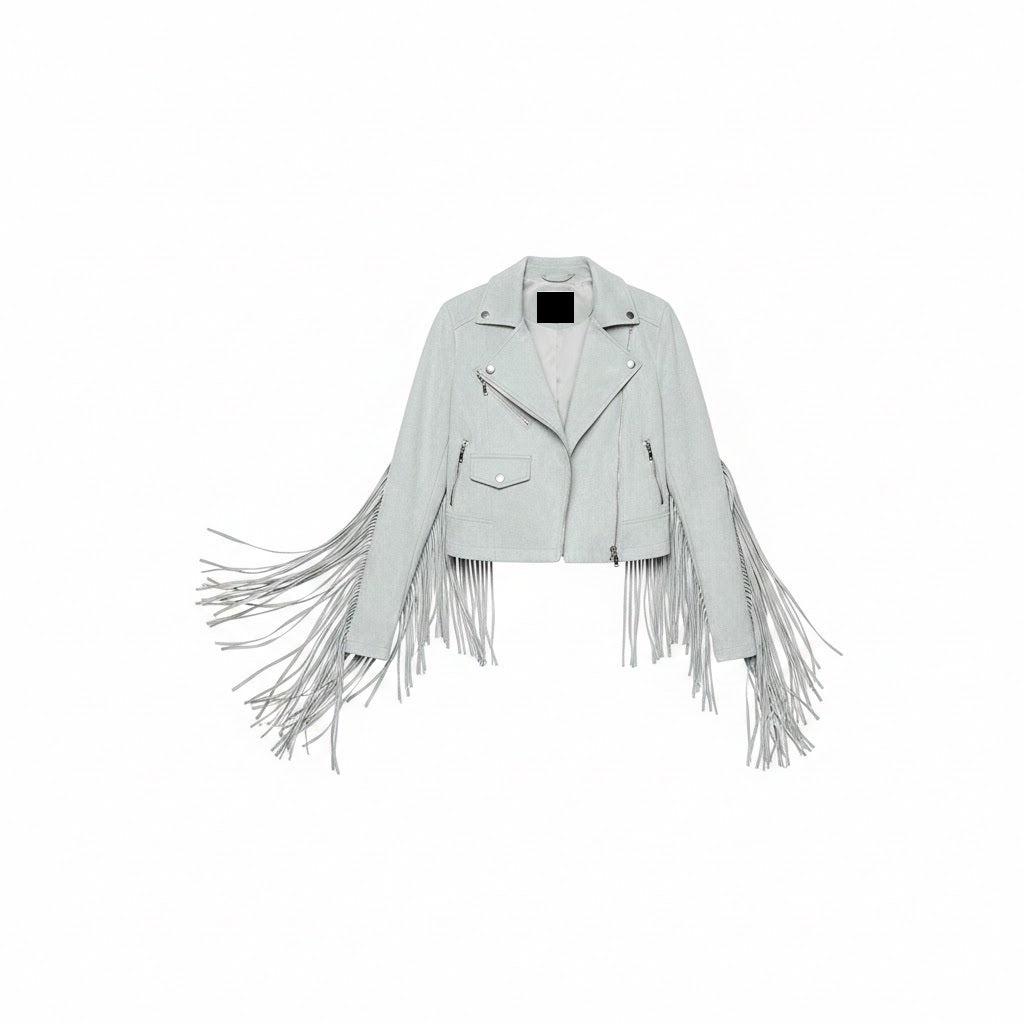 Light gray leather jacket with fringe on a white background