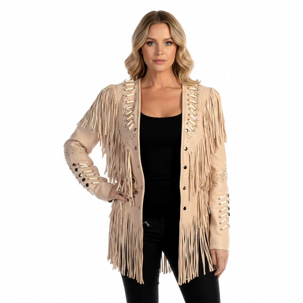 Woman wearing a beige fringed jacket on a white background