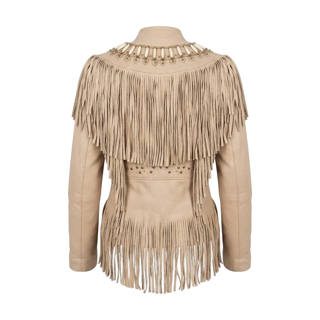 A beige faux-leather fringe jacket with a high collar, long sleeves, and decorative metal studs and rings, shown on a plain white background.