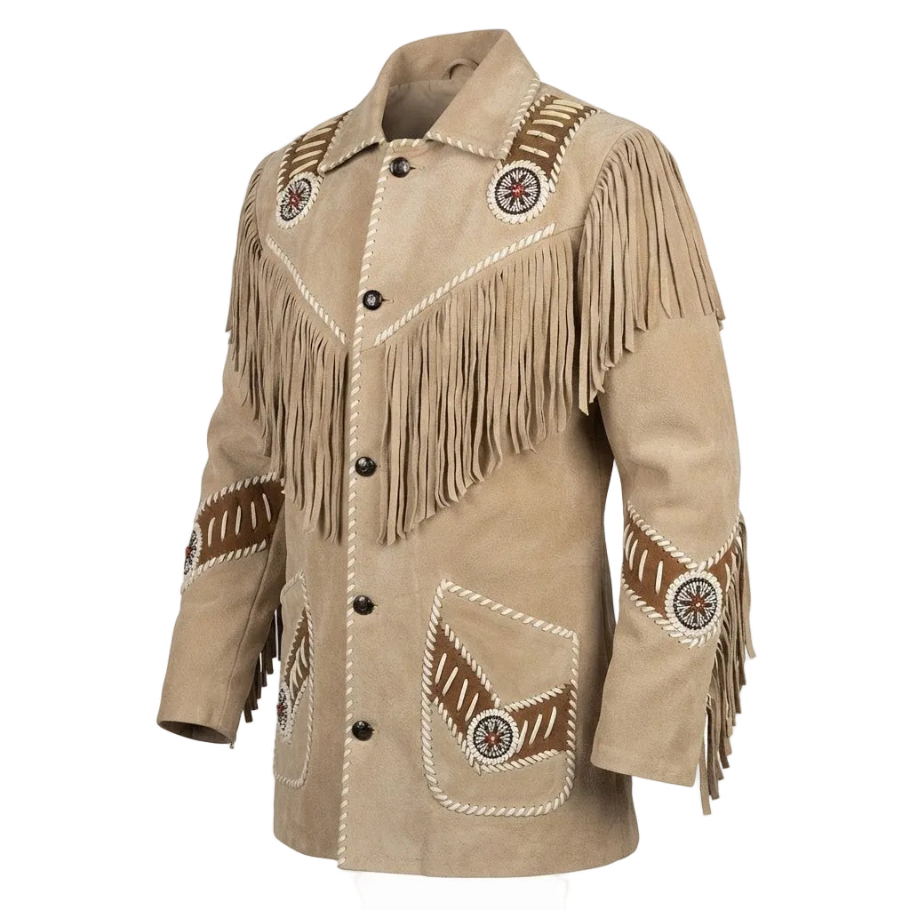 A Beige suede fringed jacket with brown and white embroidered geometric patterns and circular medallions, shown on a plain white background.