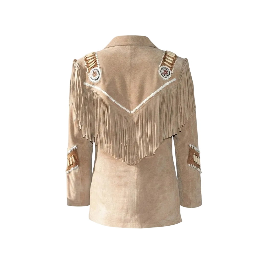 A tan suede fringed jacket with decorative beadwork and geometric trim on the shoulders and sleeves, shown against a plain white background.
