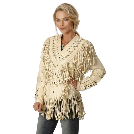 A woman modeling a Beige-colored fringe cardigan with embroidered details on a white studio background.