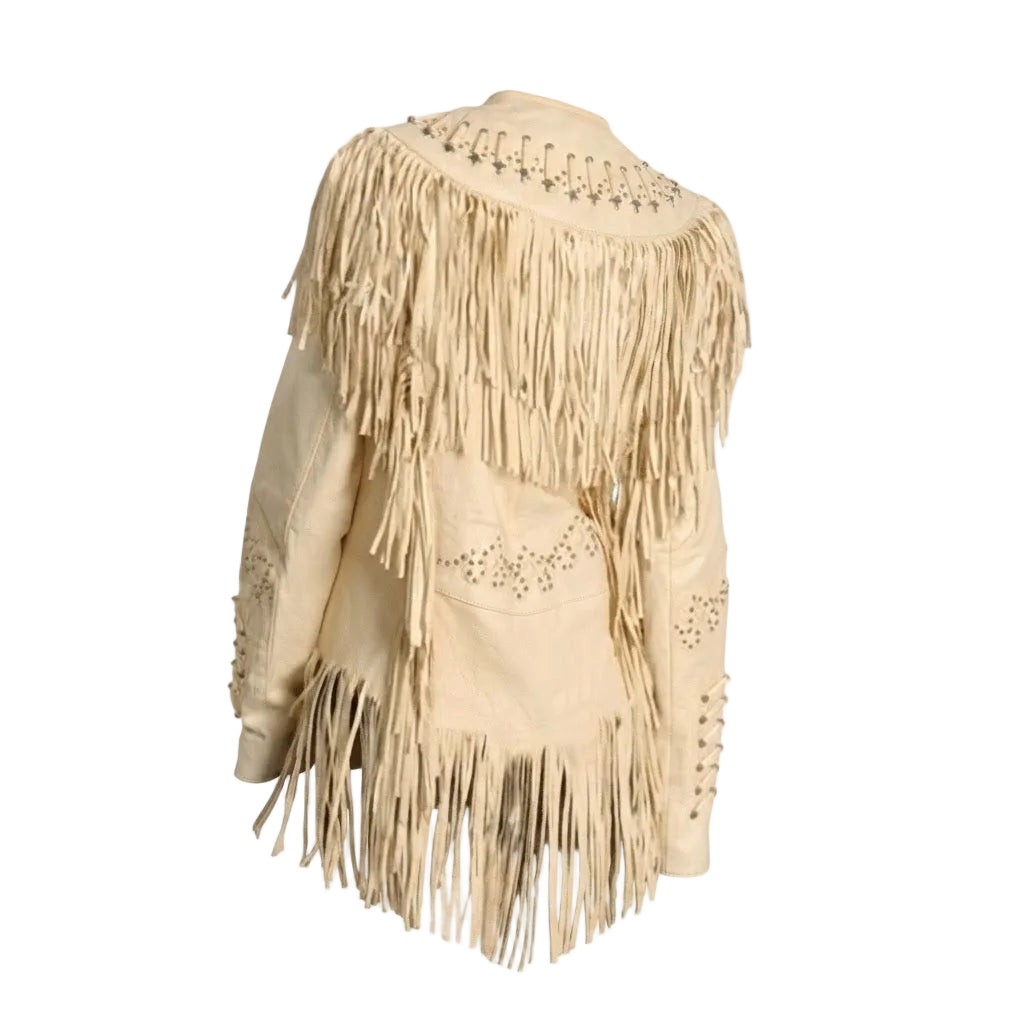 A light beige leather fringe jacket with studded details, shown from the back against a plain white background.