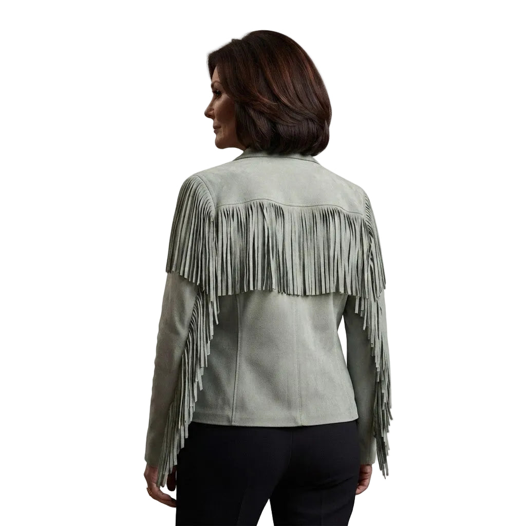 A woman shown from the back wearing a light gray suede fringe jacket and black pants against a plain white studio background.