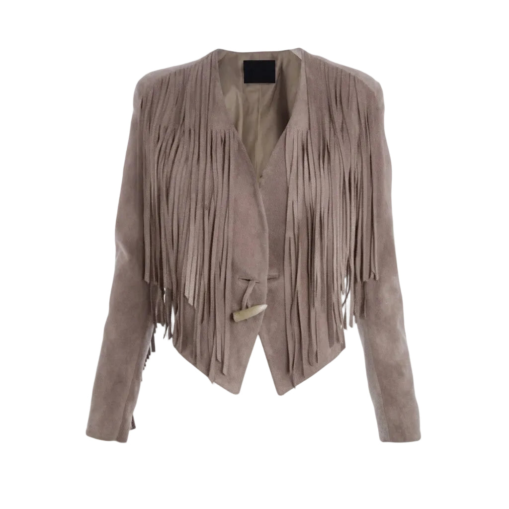 A BEIGE SUEDE JACKET WITH FRINGES ON WHITE BACKGROUND