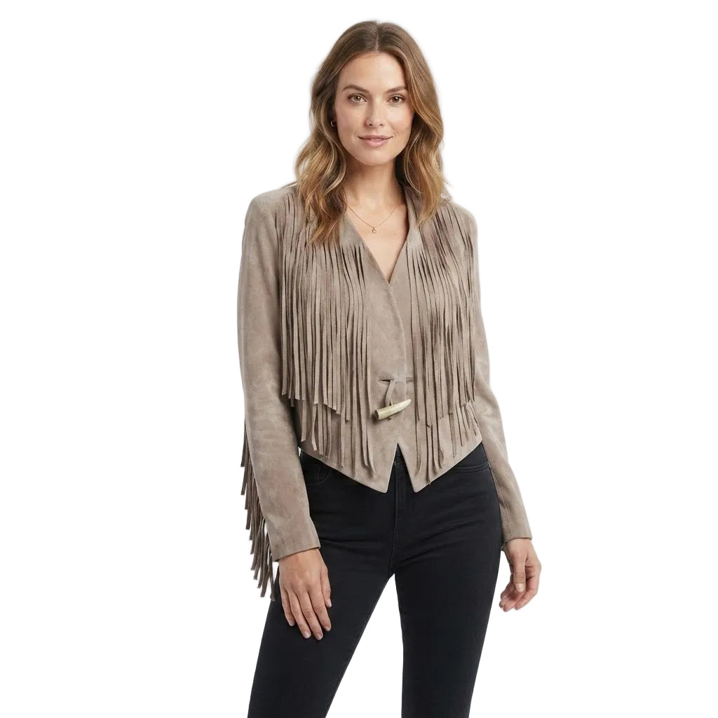 WOMAN WEAR A BEIGE SUEDE JACKET WITH FRINGES ON WHITE BACKGROUND