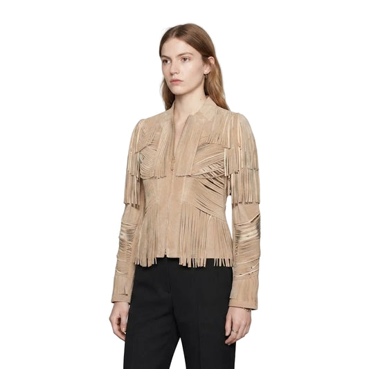 WOMAN WEAR A BEIGE LEATHER JACKET WITH FRINGES ON WHITE BACKGROUND