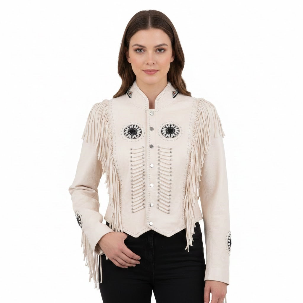 Woman wearing a white fringed jacket with black accents on a white background