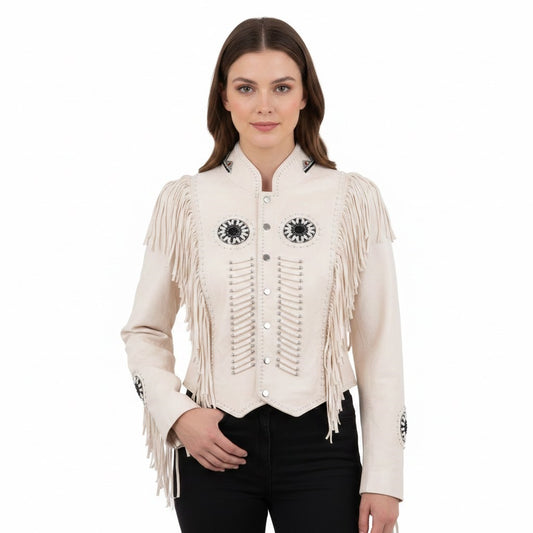 Woman wearing a white fringed jacket with black accents on a white background