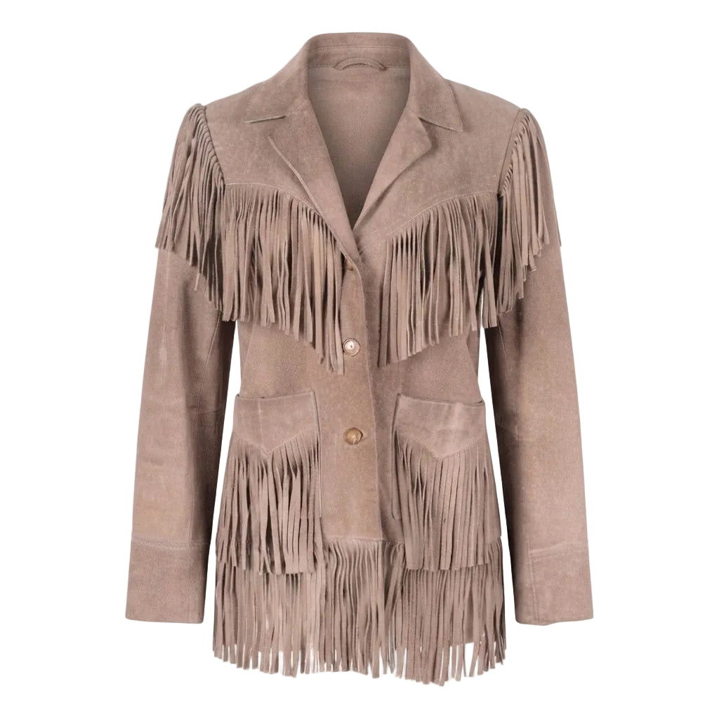 A taupe suede fringe jacket with notch lapels, a button front, and front flap pockets, shown on a plain white background.