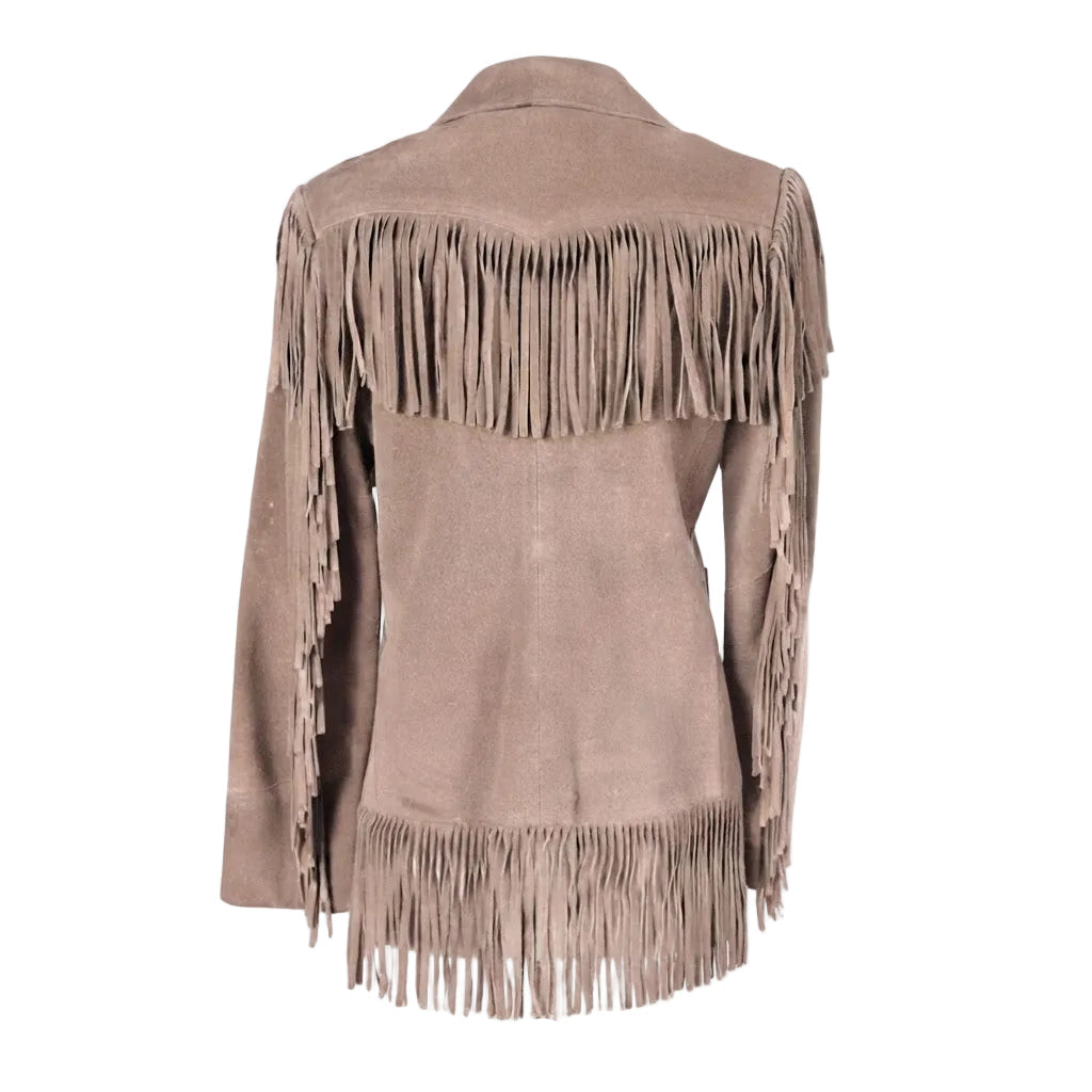 A taupe brown suede fringe jacket shown from the back on a white background.