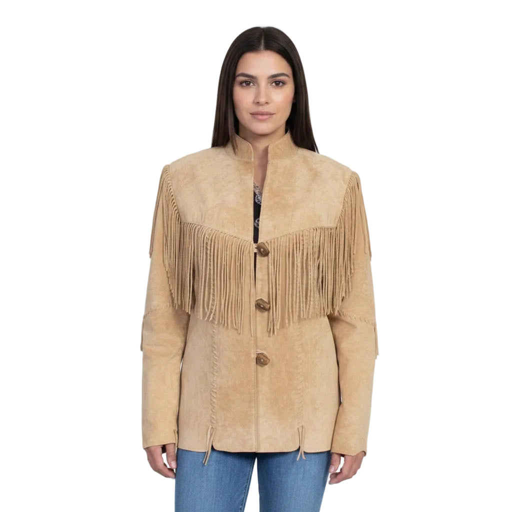 Woman wearing a beige suede jacket with fringes on a white background