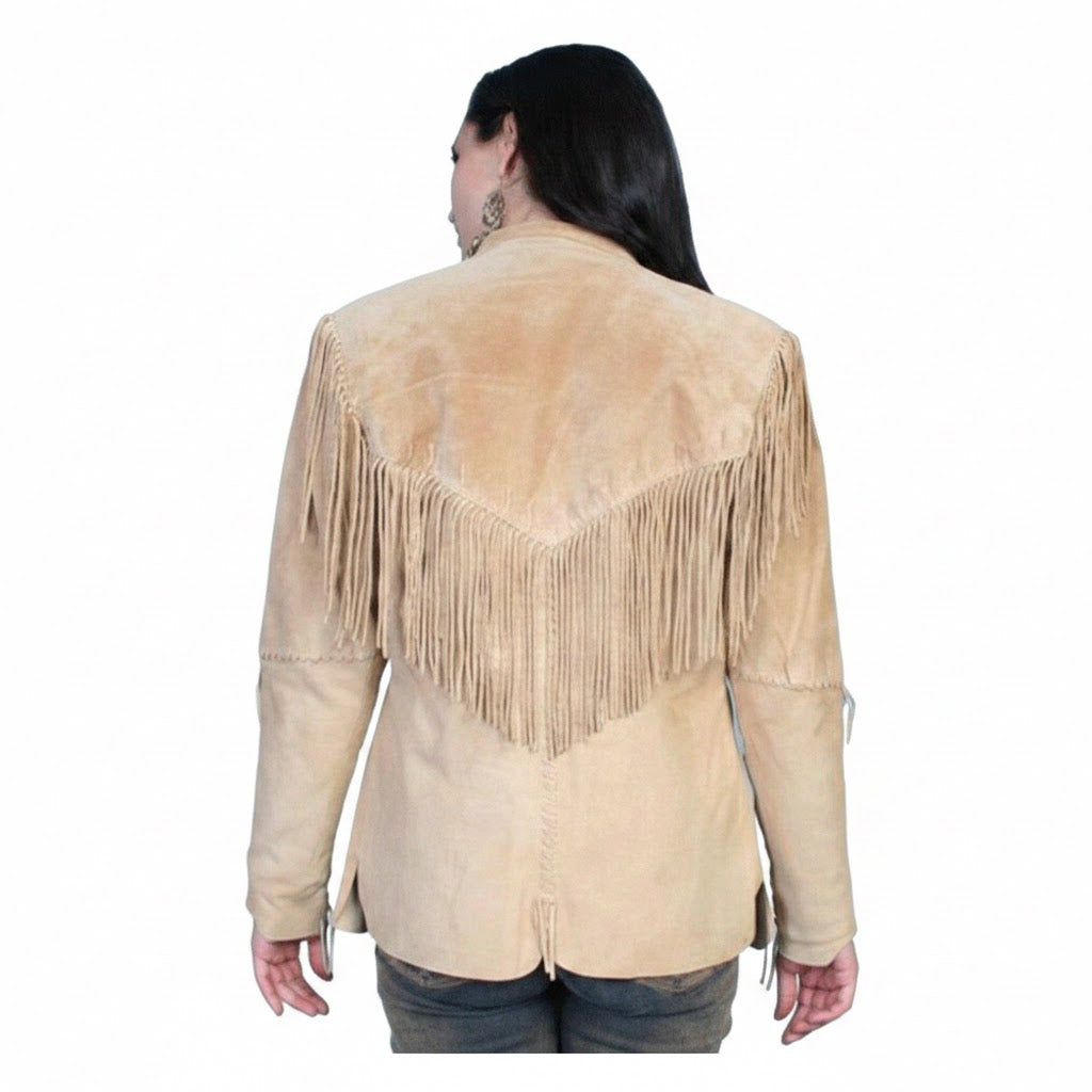 Beige suede jacket with fringe details on a white background