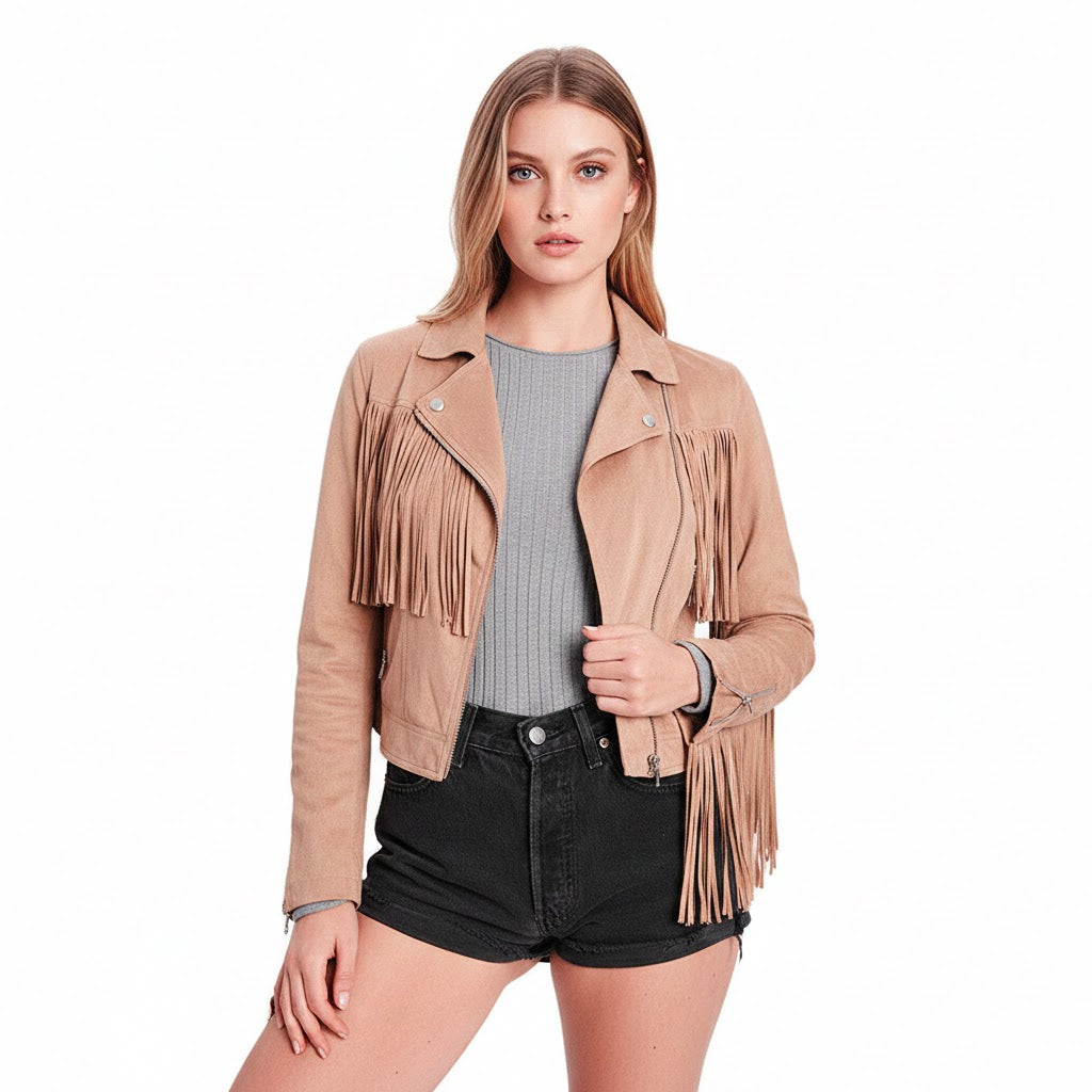 Woman wearing a beige fringed jacket on a white background
