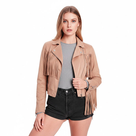 Woman wearing a beige fringed jacket on a white background