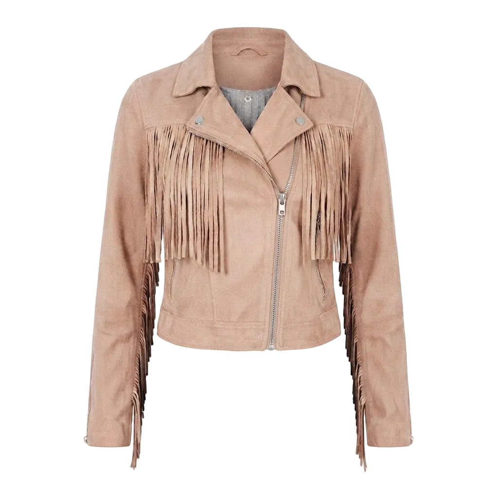  a beige fringed jacket on a white background