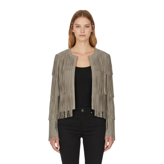 Woman wearing a beige fringe jacket on a white background