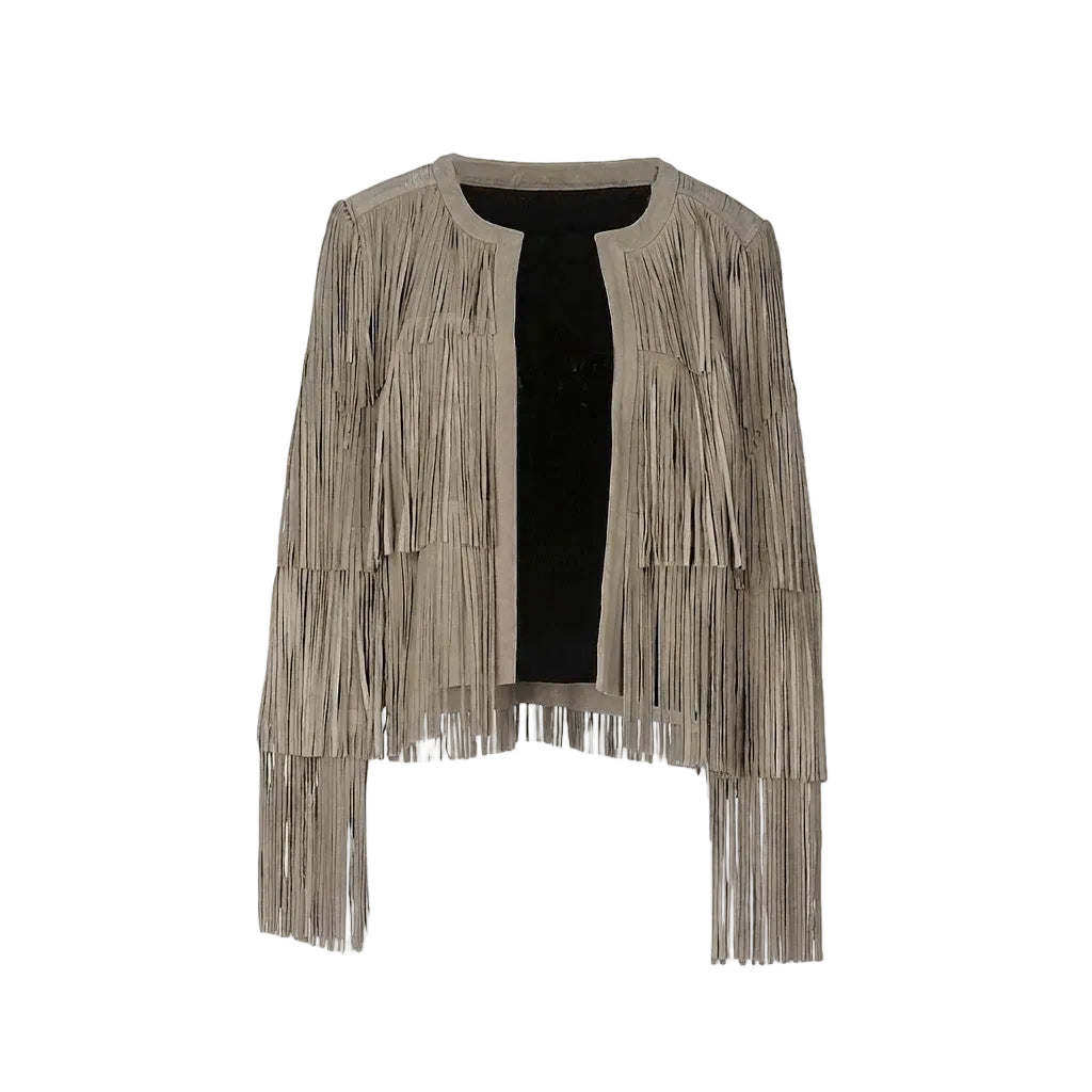 a beige fringe jacket on a white background