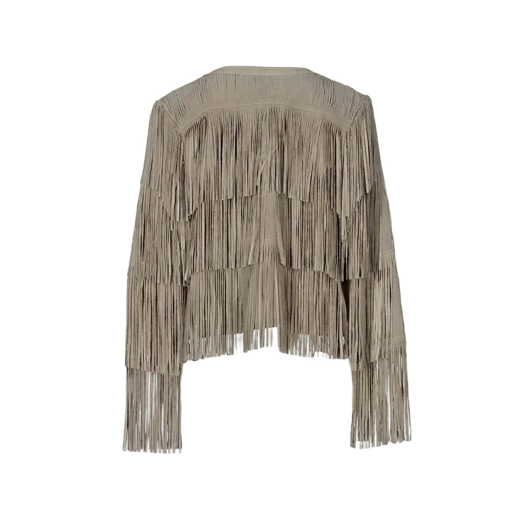 a beige fringe jacket on a white background