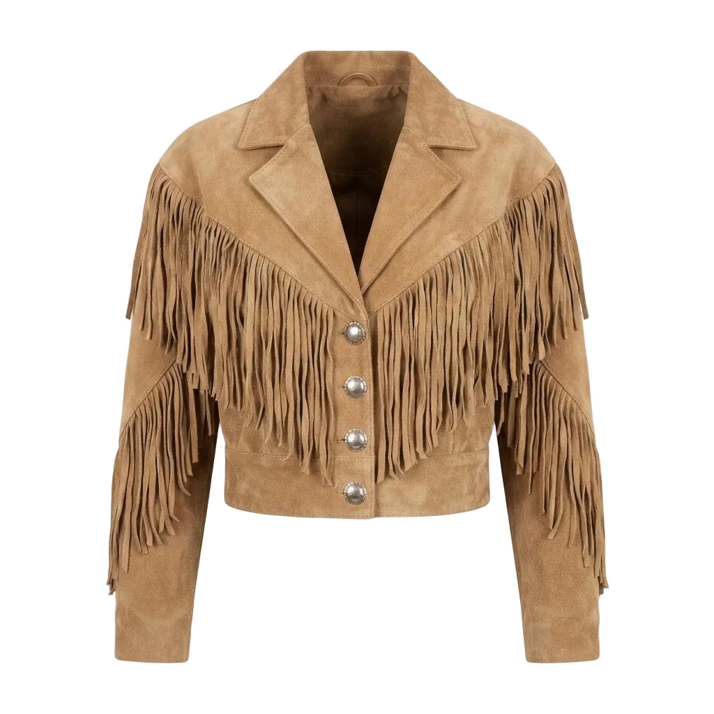 A BEIGE SUEDE JACKET WITH FRINGES ON WHITE BACKGROUND
