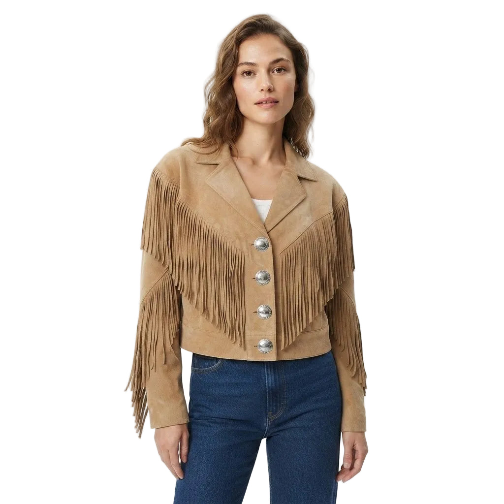 WOMAN WEAR A BEIGE SUEDE JACKET WITH FRINGES ON WHITE BACKGROUND