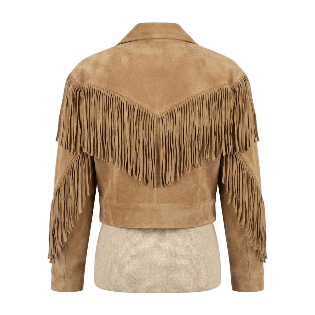A BEIGE SUEDE JACKET WITH FRINGES ON WHITE BACKGROUND