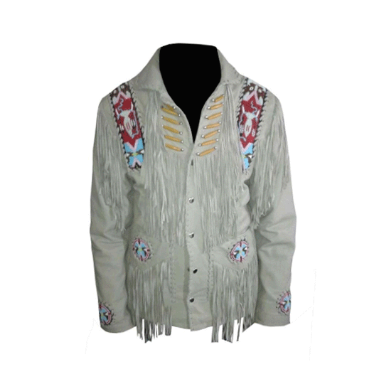 Western Beige Fringe Beaded Suede Leather Jacket Cowboy Jacket LWJ5150