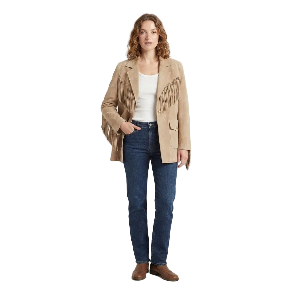 WOMAN WEAR BEIGE LEATHER JACKET WITH FRINGES AND BLUE JEANS ON WHITE BACKGROUND