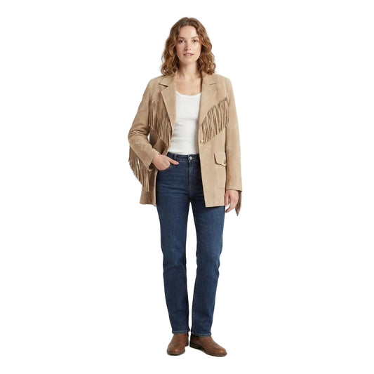 WOMAN WEAR BEIGE LEATHER JACKET WITH FRINGES AND BLUE JEANS ON WHITE BACKGROUND