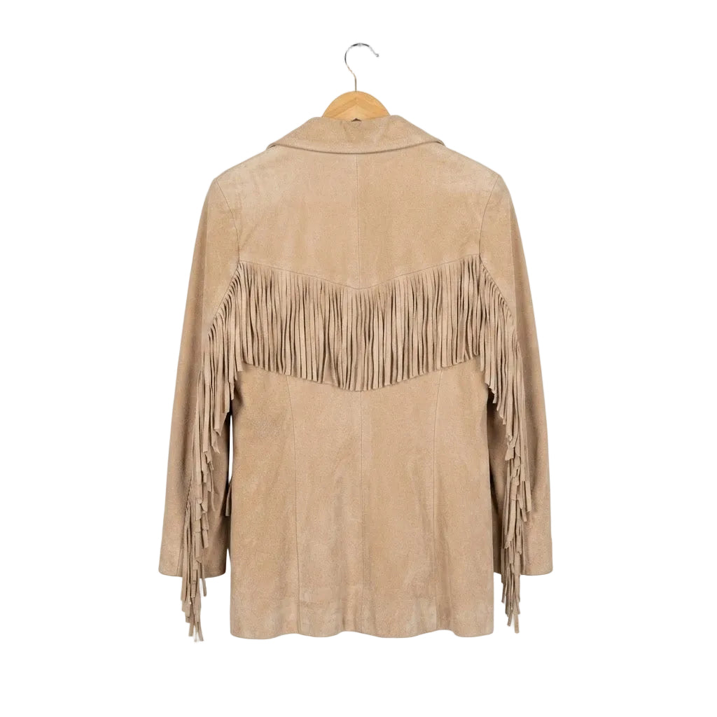 BEIGE SUEDE LEATHER JACKET WITH FRINGES ON WHITE BACKGROUND