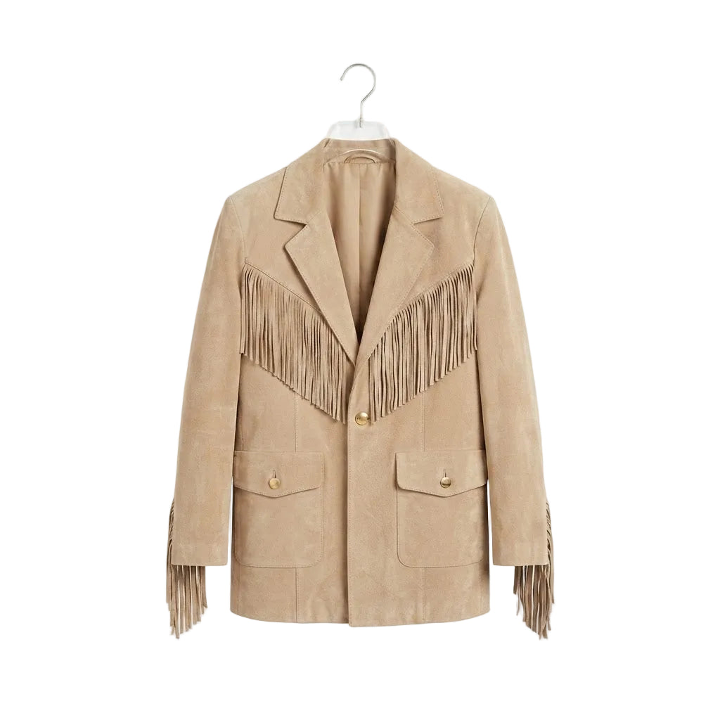 BEIGE SUEDE LEATHER JACKET WITH FRINGES ON WHITE BACKGROUND