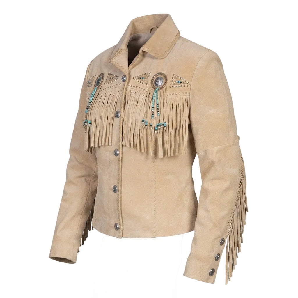beige fringed Jacket on a white background