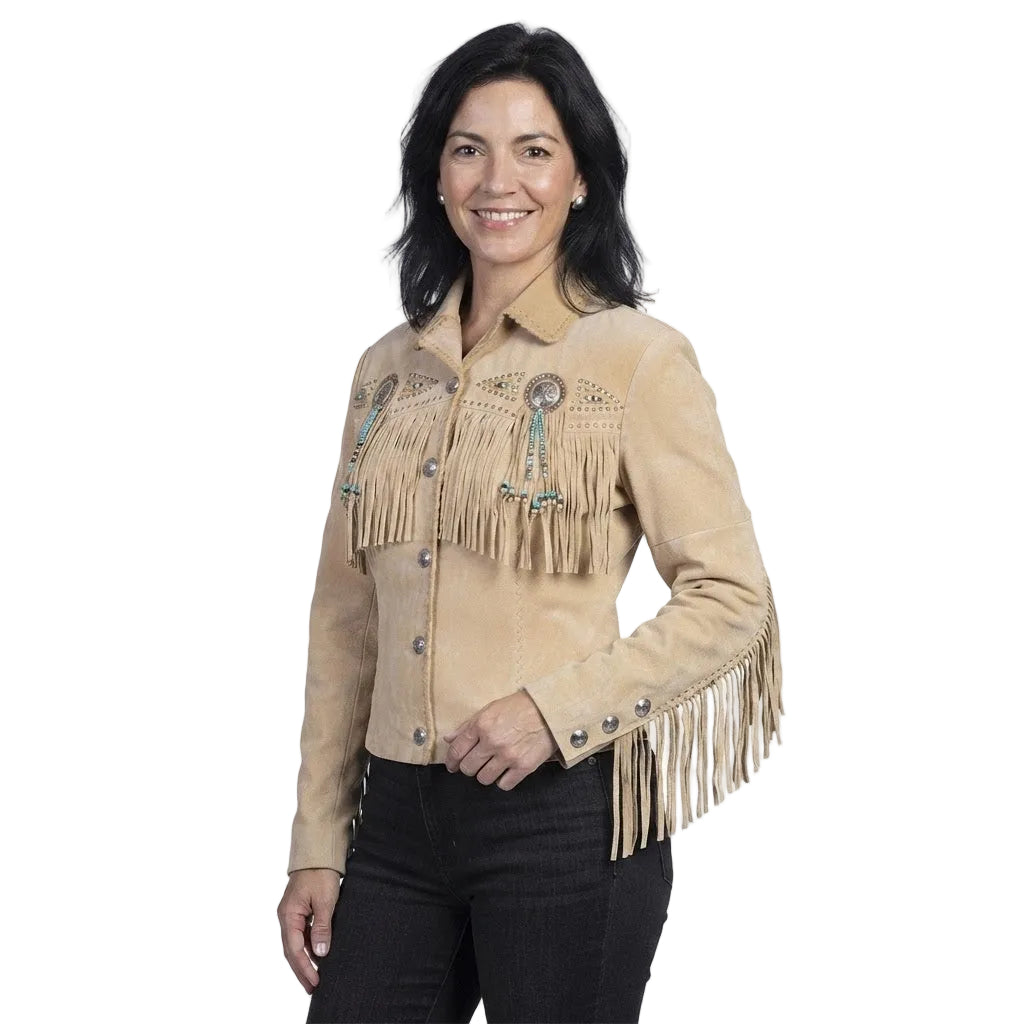 Woman wearing a beige fringed Jacket and blue jeans on a white background