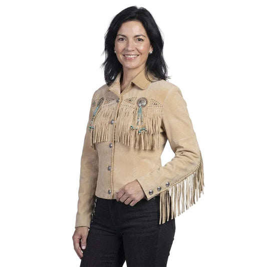 Woman wearing a beige fringed Jacket and blue jeans on a white background