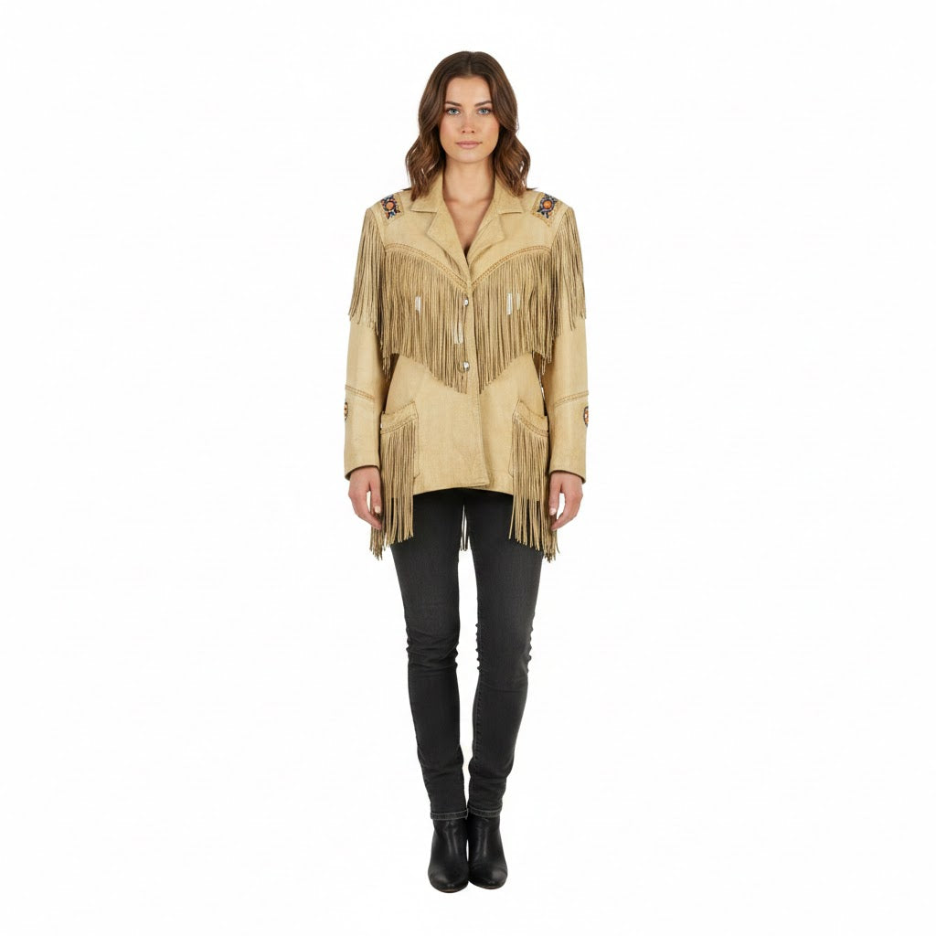Woman wearing a beige fringed jacket on a white background