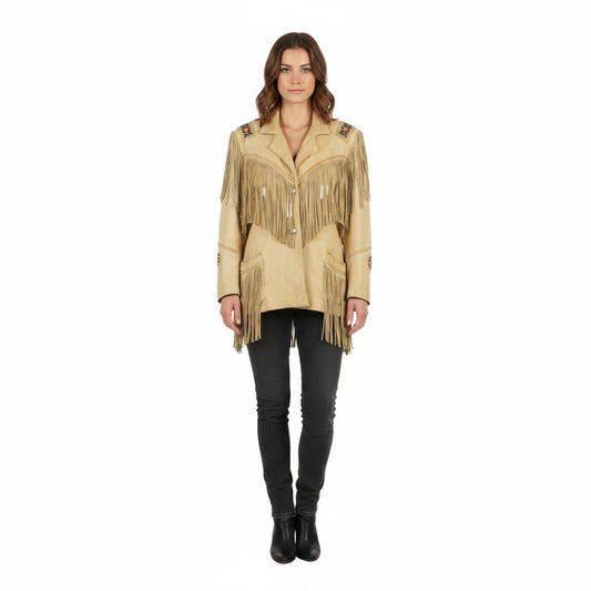 Woman wearing a beige fringed jacket on a white background