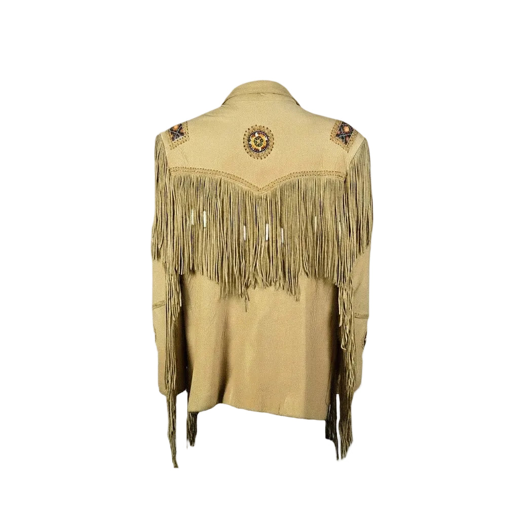 BEIGE LEATHER BEADED JACKET WITH FRINGES ON WHITE BACKGROUND