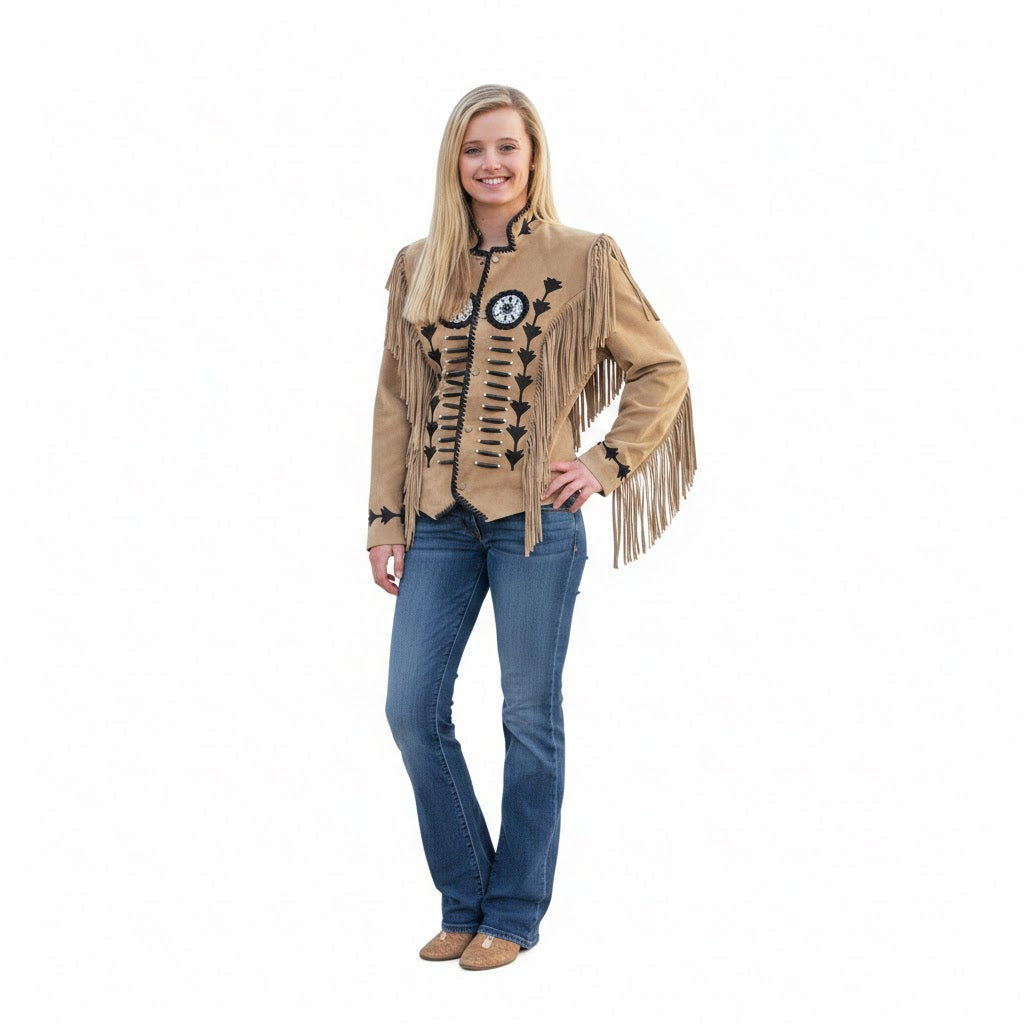 Woman wearing a tan fringe jacket with decorative patterns on a white background