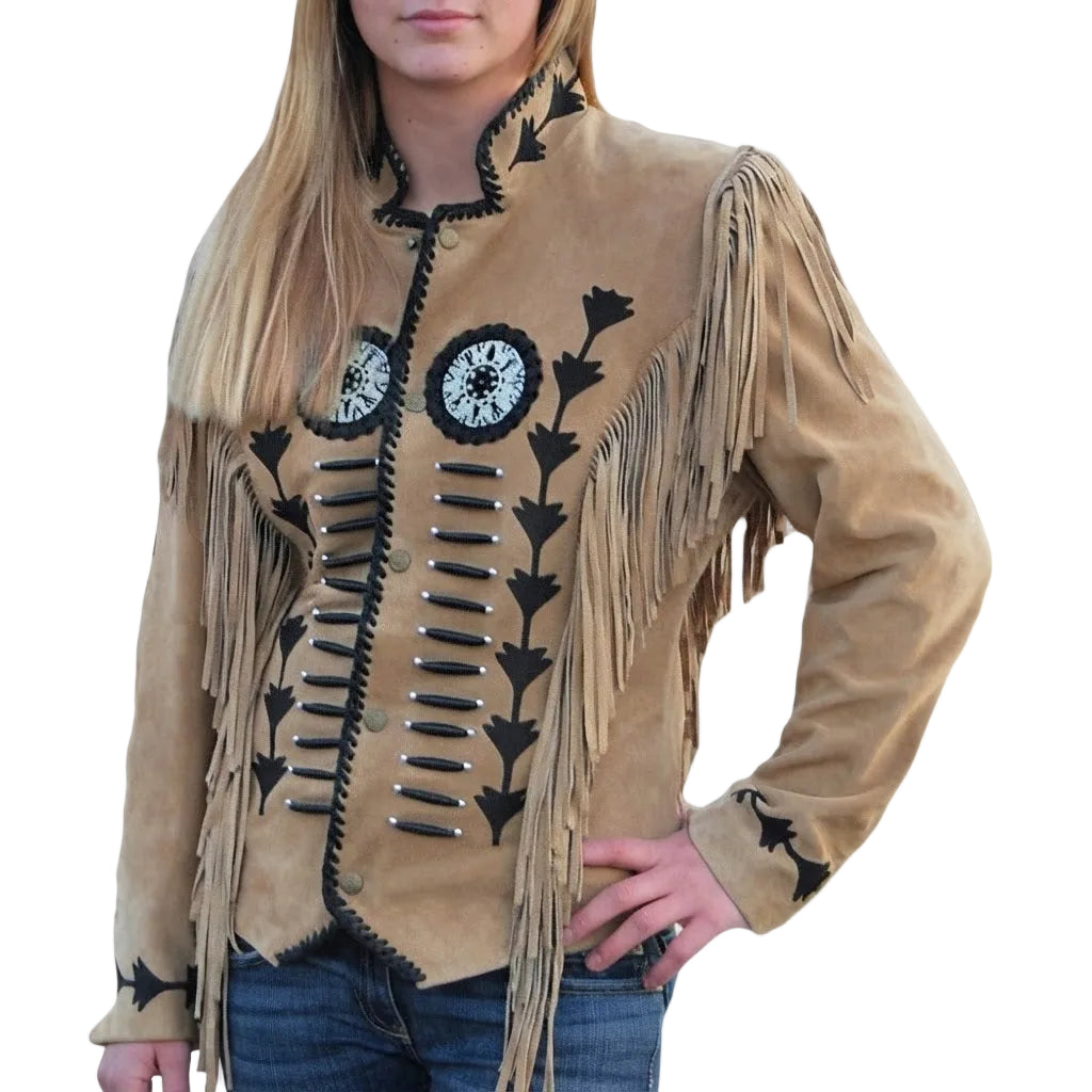 Woman wearing a tan fringe jacket with decorative patterns on a white background
