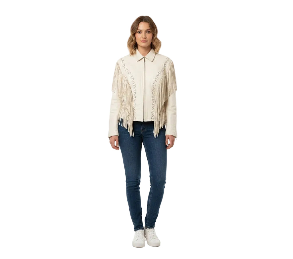 Woman wearing a Beige fringed jacket and blue jeans on a white background