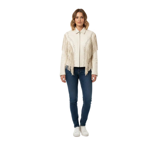 Woman wearing a Beige fringed jacket and blue jeans on a white background