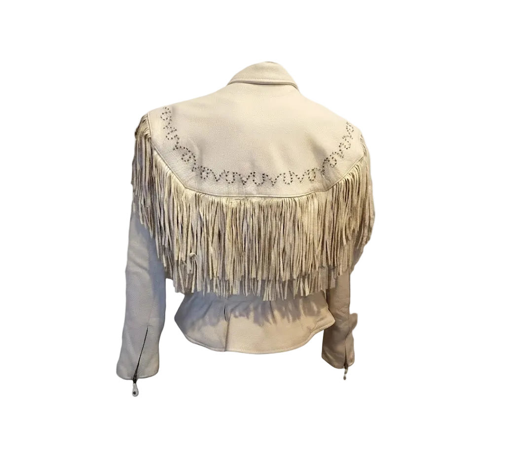 BEIGE LEATHER JACKET WITH FRINGES ON WHITE BACKGROUND