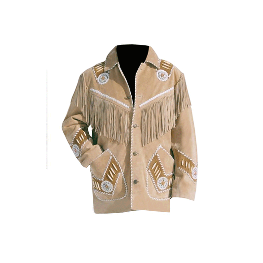 Western Beige Suede Leather Fringe Beaded Jacket LWJ514