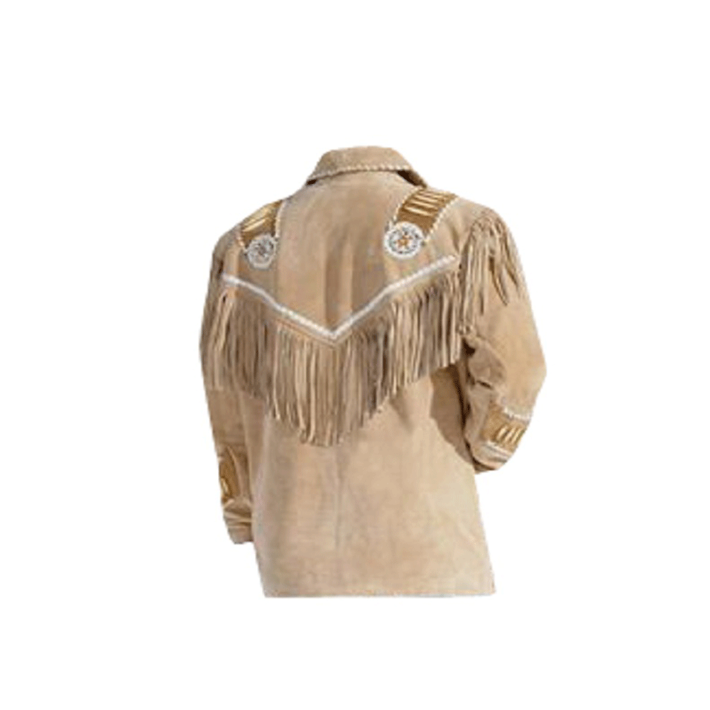 Western Beige Suede Leather Fringe Beaded Jacket LWJ514