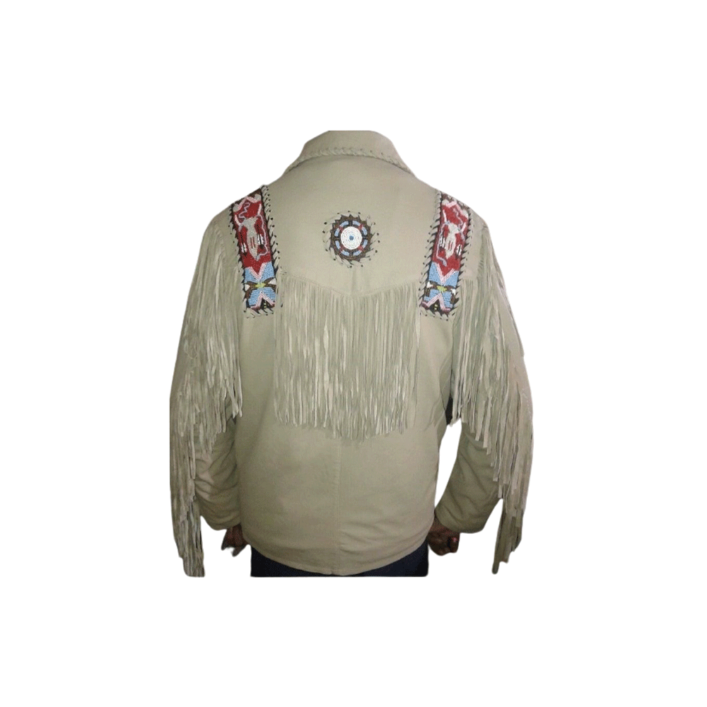 Western Beige Fringe Beaded Suede Leather Jacket Cowboy Jacket LWJ5150