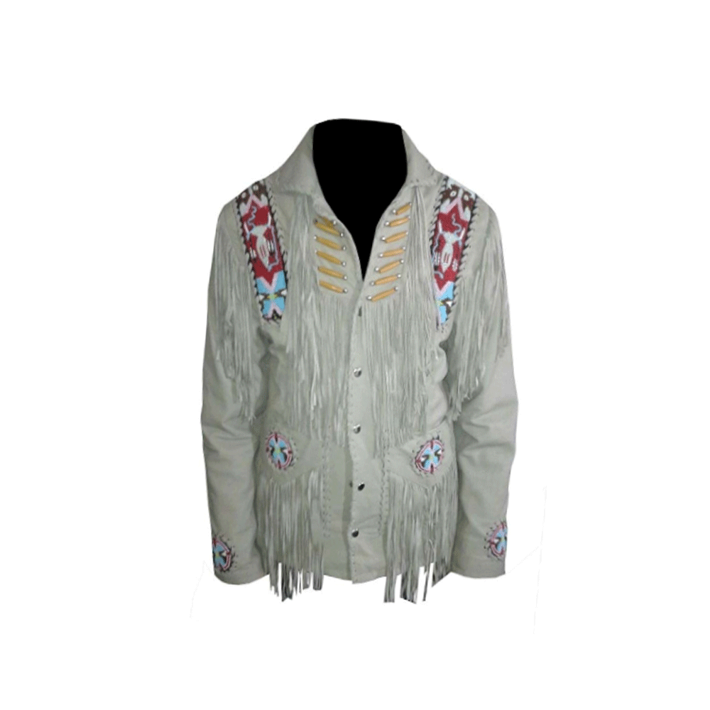 Western Beige Fringe Beaded Suede Leather Jacket Cowboy Jacket LWJ5150