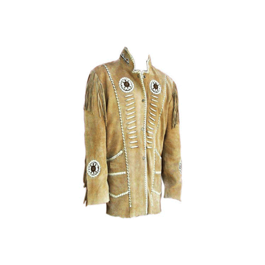 Western Beige Suede Leather Fringe Bone Beaded Jacket LWJ516